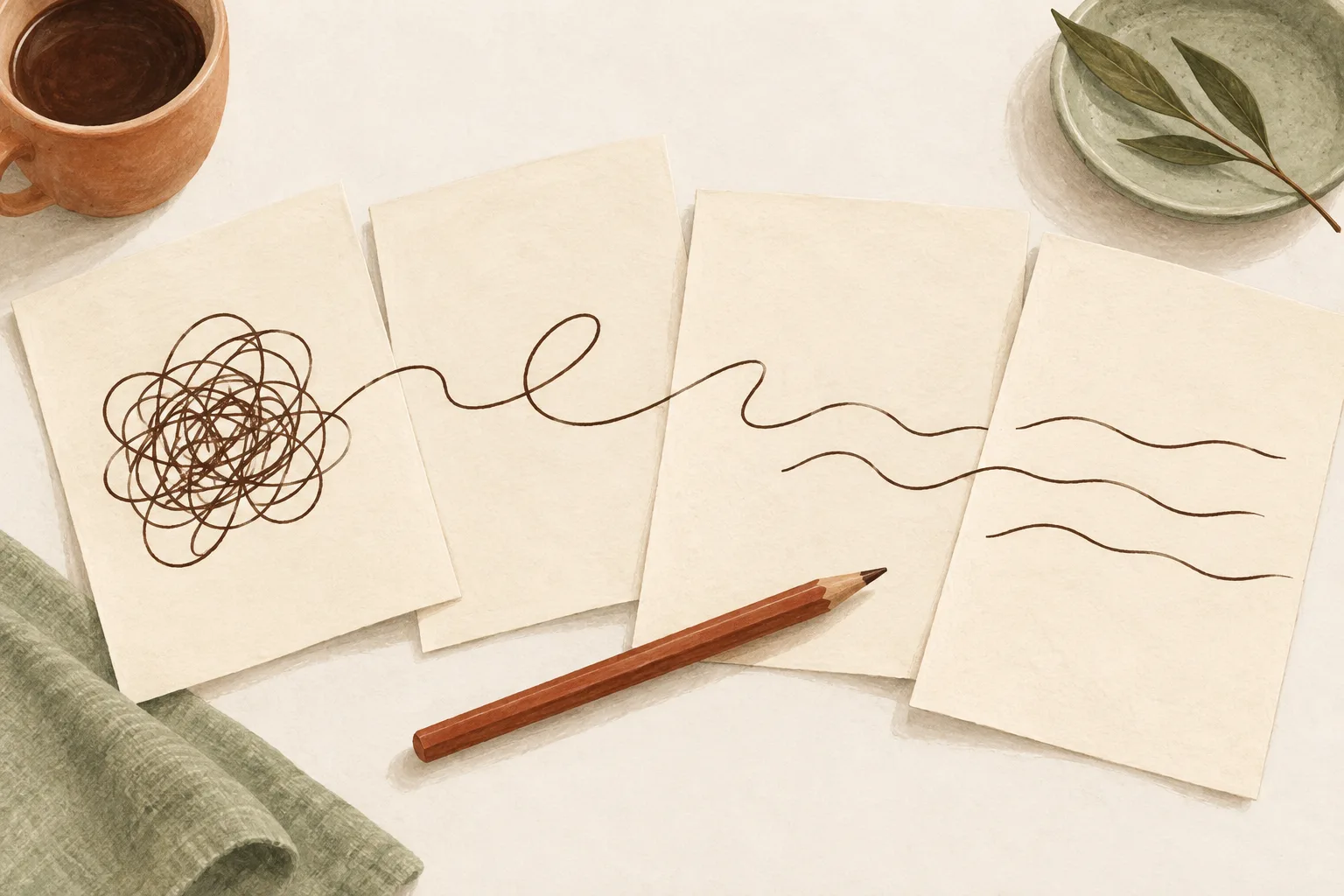 Four sheets of paper and a terracotta pencil, with a flowing ink line representing thoughts taking shape in words.