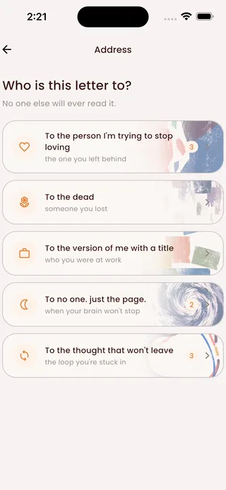 Rescript Journal choosing a recipient, selecting the 2am breakup prompt, and opening the letter page